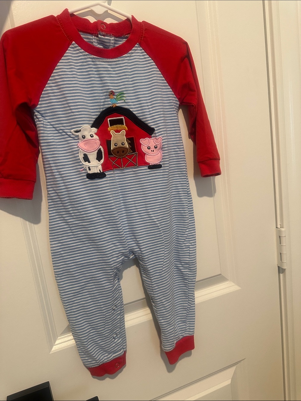 Striped Farm Animal Footie One-Piece in Blue and Red